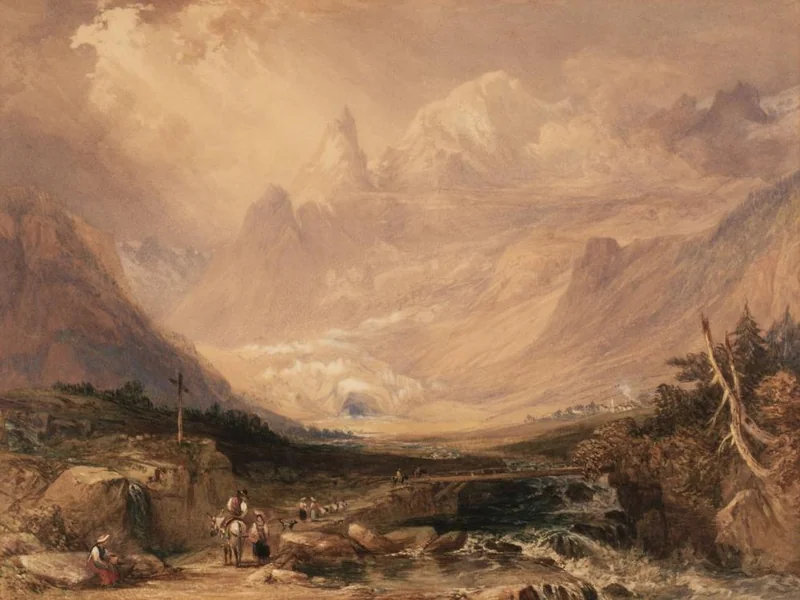 1793-William Andrews Nesfield - Un paesaggio montuoso, con figure su una strada che attraversa un fiume su un ponte di legno